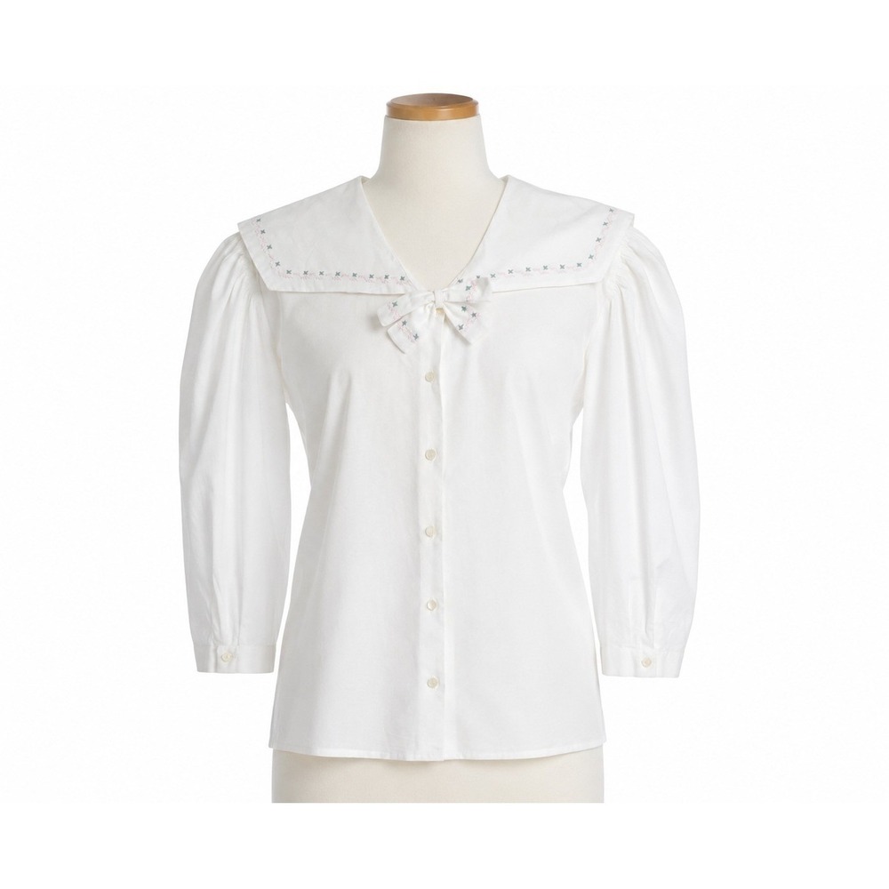 Vintage Cullinane White Cotton Sailor Collar Blouse Bow Puff Sleeve Cottagecore